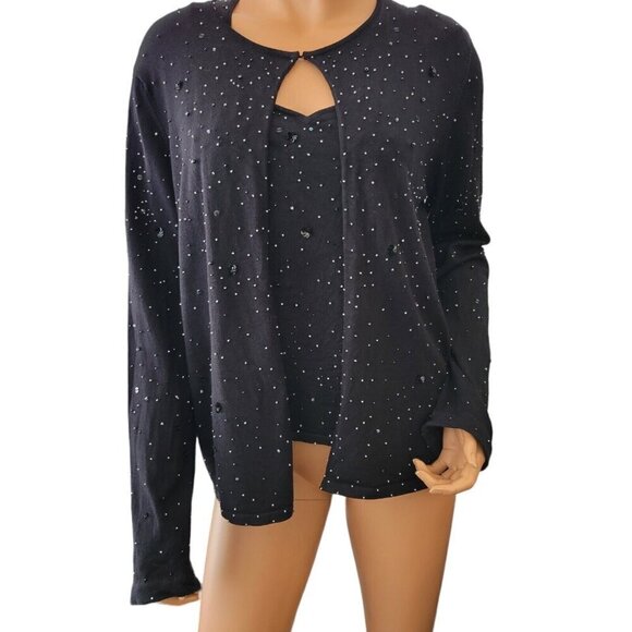 Rena Rowan Womens Silk Blend Sweater Size Large Cardigan Tank Set Black Beaded - Picture 1 of 16